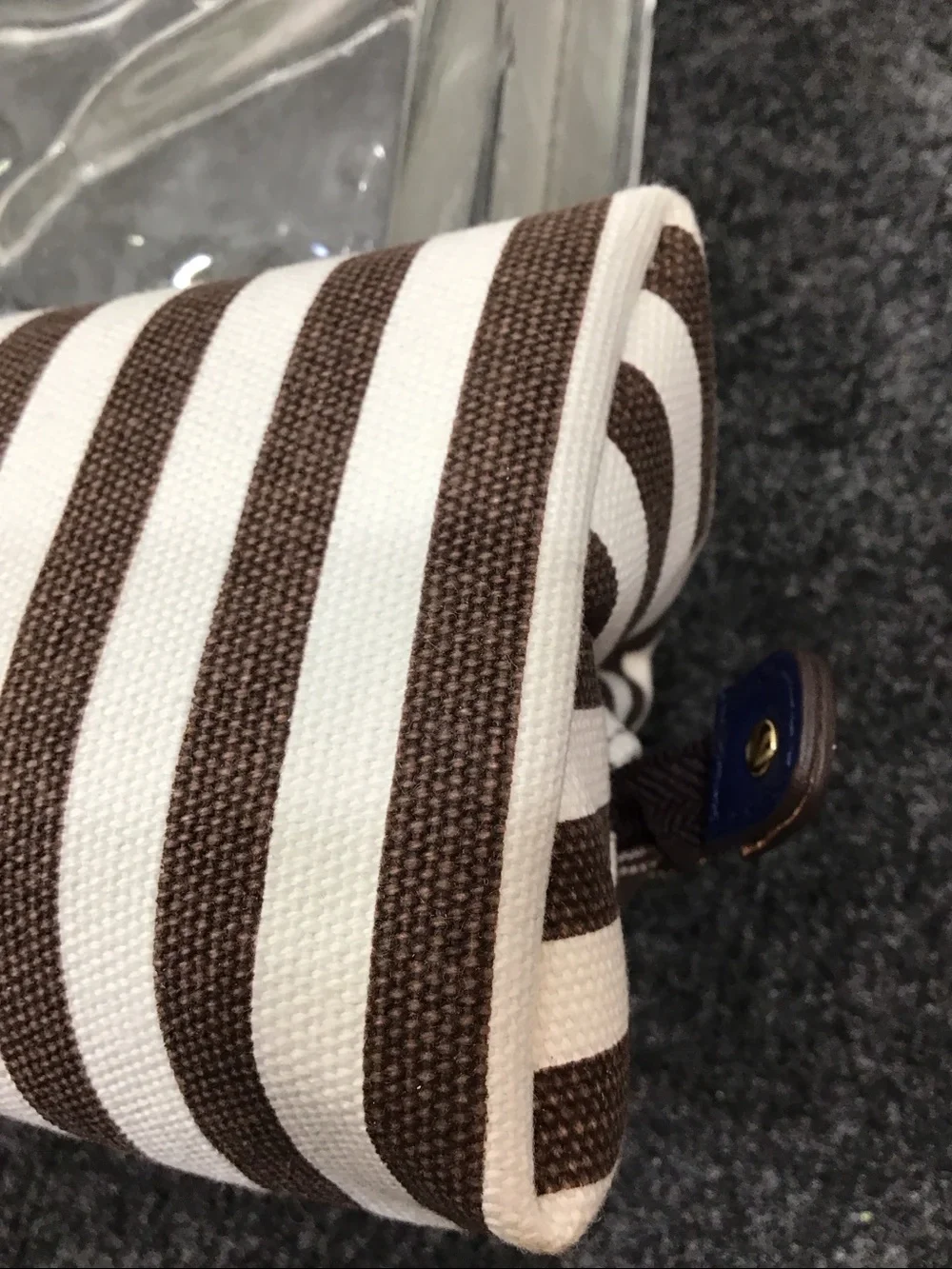 Henri Bendel iconic Centennial brown and white stripe dome cosmetic bag NIB